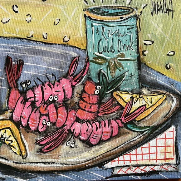 Joanna Art Shrimps on Plate Canvas on Wooden Frame Ready to Hang - Picture 4 of 6